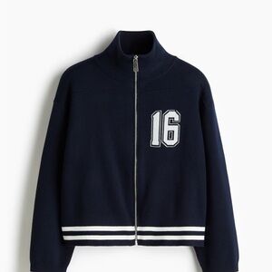 H&M Navy Blue Zip-Up Sweater with White Stripe & Number 16